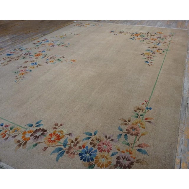 1930s Ivory Floral Modernist Antique Chinese Art Deco Carpet 11' X 13' 9" Knotted Wool Rug For Sale - Image 4 of 11