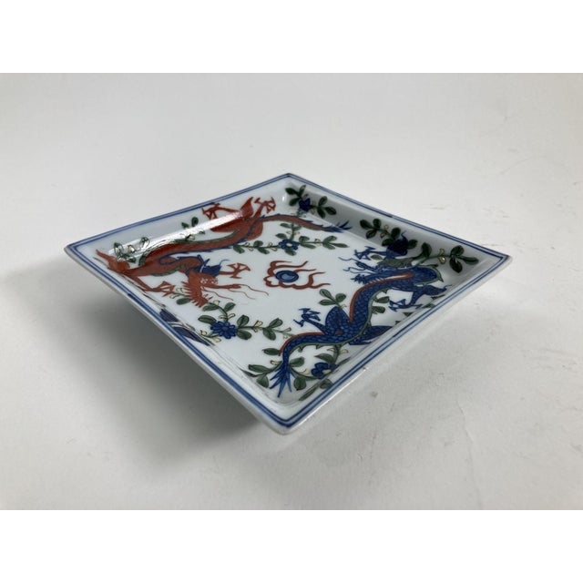 White Vintage Chinese Porcelain Wucai Blue and Red Dragons Dish Catchall For Sale - Image 8 of 14