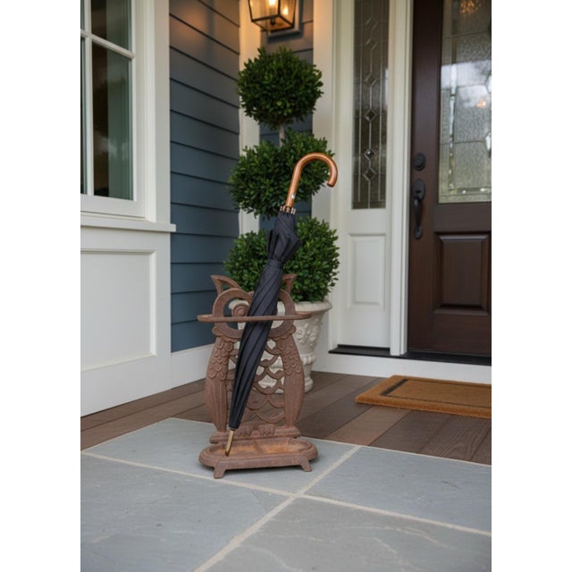 1980s Vintage Cast Iron Whimsical Owl Umbrella Stand & Drip Tray For Sale - Image 5 of 7