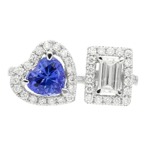 18k White gold Toi Et Moi Ring Diamond and Heart Shape Tanzanite, Size 6