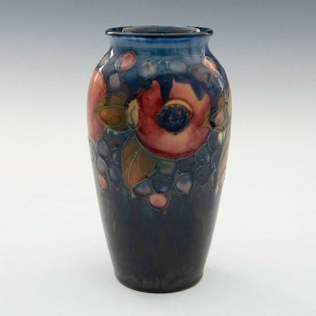 1930s Blue English Moorcroft Pottery Vase in the Pomegranate Pattern
