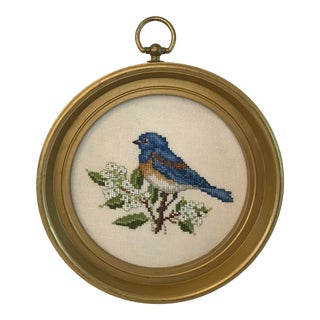 Vintage Needlework Bird Art in Round Gold Frame For Sale