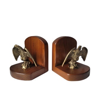 Vintage Wood and Brass / Bronze Basketville Bald Eagle Bookends Pair For Sale