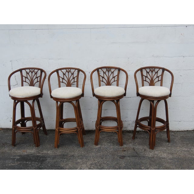 Hollywood Regency Bamboo Rattan Swivel Barstools a Set of Four 6367 For Sale - Image 13 of 18