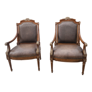 Pair of Leather Louis XVI Style Arm Chairs