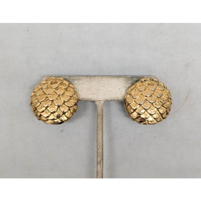 American Vintage 1980s Signed Givenchy Round Domed Goldtone Scales Pierced Earrings-2 Pieces For Sale - Image 3 of 6