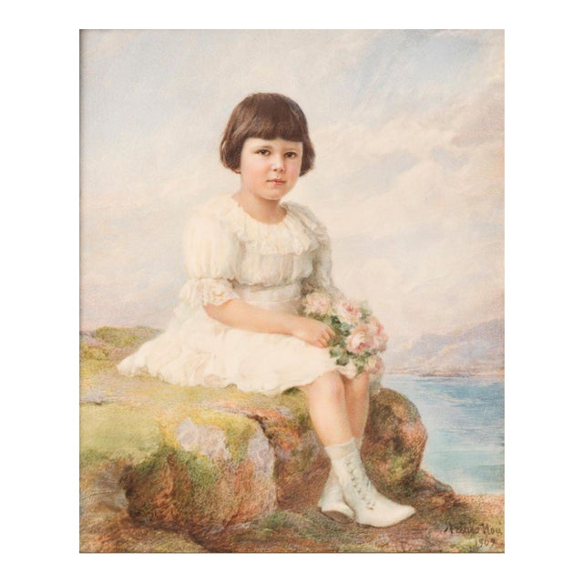 Portrait of Child with Flowers in Hands - Original Miniature Painting by A. Noci 1909 For Sale