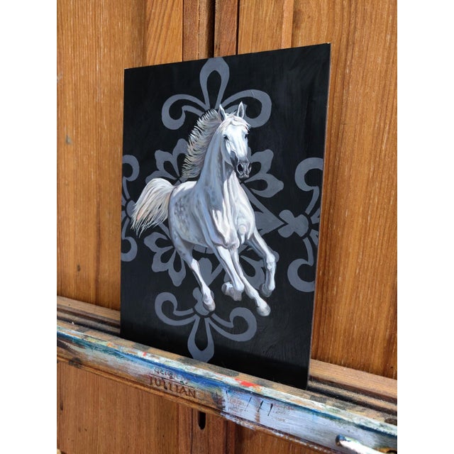 Rococo Pearl Galloping by Robin Hextrum | Oil on Artefex Smooth Oleopanel White horse in motion For Sale - Image 3 of 3
