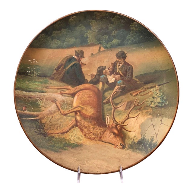 Early 20th Century German Hand-Painted Ceramic Hunting Scene Wall Platter For Sale