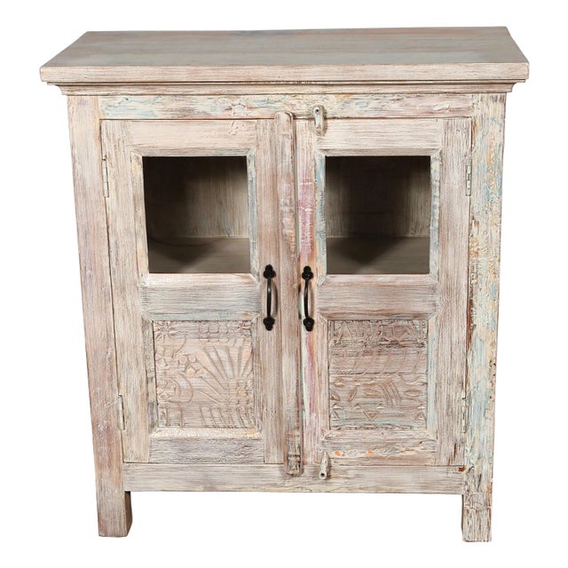 Solid Reclaimed Teak Wood Cabinet With Hand Carved Glass Doors For Sale