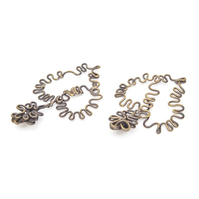 Metal Vintage Artisan Squiggly Hand Wrought Brass Clip on Dangle Earrings, !970's For Sale - Image 7 of 8
