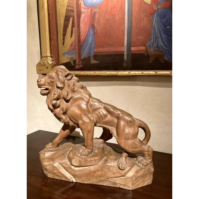This 19th century big scale Italian animalier sculpure features a lion striding forward on a root-wood base, snarling with...