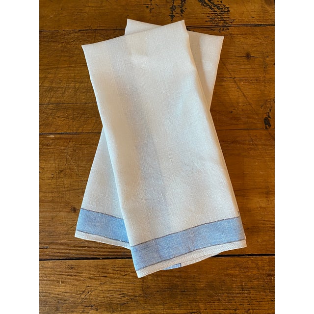 Pair of French Country Vintage Linen Tea Towels in White with Blue Border. Loosely woven linen makes these towels very...