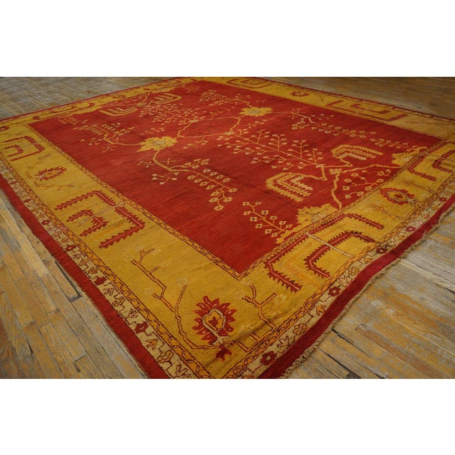1880s Red Field Tribal Geometric Antique Turkish Oushak Rug 12' 10" X 15' Handknotted Wool Carpet For Sale - Image 4 of 18