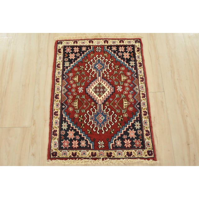 Cabin Yalameh Rug 1’10” X 2’5” Red Wool Vintage Tribal Hand-Knotted Oriental Carpet For Sale - Image 3 of 8