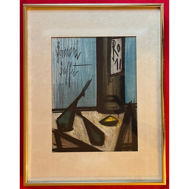 Bernard Buffet (France 1928 - 1999) Mid Century Modern Colored Lithograph Still Life of a Wine Bottle and Fish 1967 For Sale In New York - Image 6 of 12