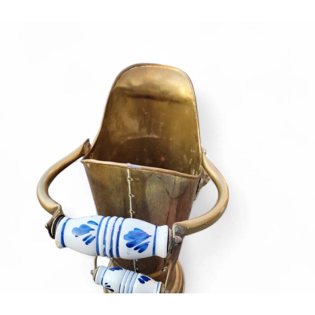 Antique Dutch Brass Umbrella Stand with Delft Blue Ceramic Handles, Netherlands, 1890 For Sale - Image 16 of 18