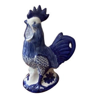 Vintage Large Hand Painted White & Blue Ceramic Rooster Sculpture Numbered Signed For Sale