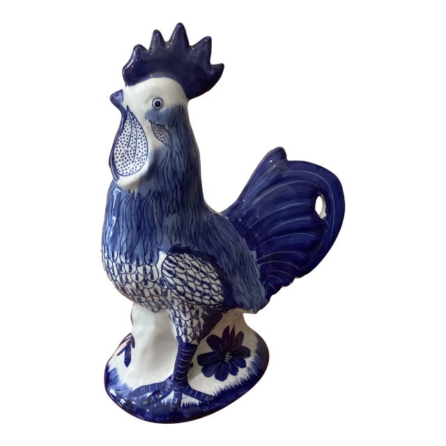 Vintage Large Hand Painted White & Blue Ceramic Rooster Sculpture Numbered Signed For Sale