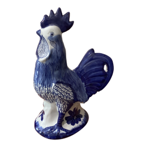 Vintage Large Hand Painted White & Blue Ceramic Rooster Sculpture Numbered Signed