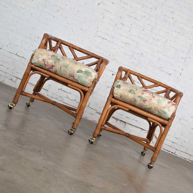 Chippendale Vintage Chinese Chippendale Rattan Rolling Accent Chairs by Henry Link for Wicker - A Pair For Sale - Image 3 of 13