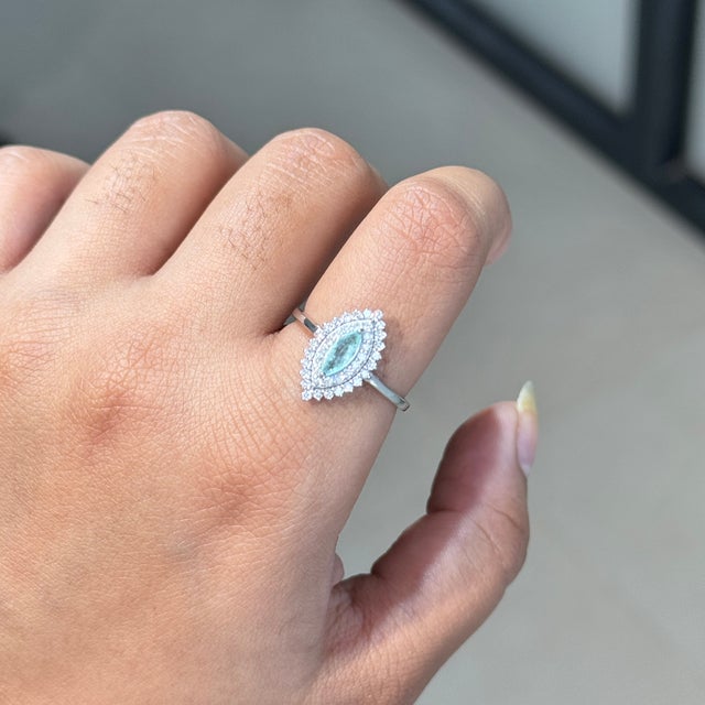 Contemporary 18k Gold Marquise Cut Paraiba Tourmaline Ring With Double Halo Diamonds Size 6.5 For Sale - Image 3 of 18