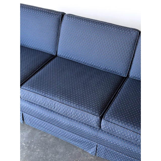 Navy Blue 1960s Vintage Mid-Century Navy Jacquard Skirted Tuxedo Sofa For Sale - Image 8 of 18