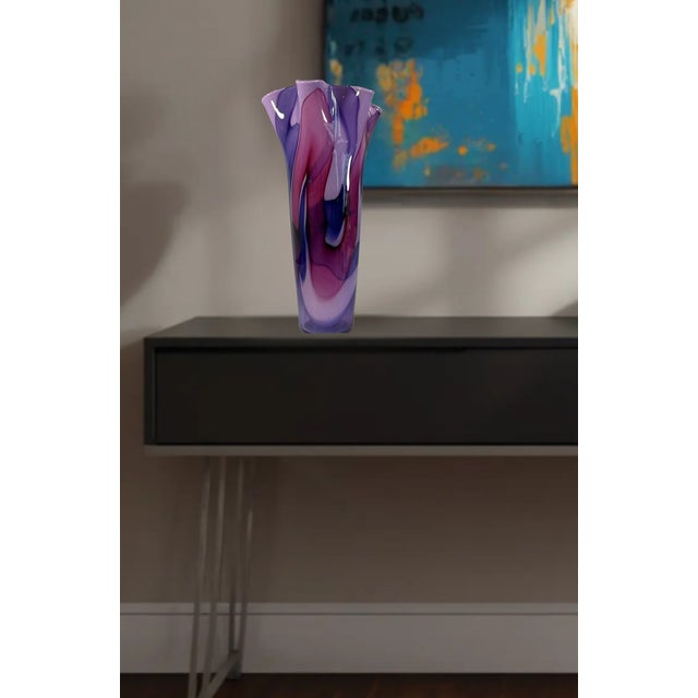 Early 21st Century 12/ 1/4 In. Tall Signed Purple Swirl Fazzoletto Lip Studio Art Glass Vase For Sale - Image 5 of 13