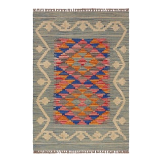 Boho Chic Turkish Kilim Blue Beige Hand-Woven Wool Rug For Sale