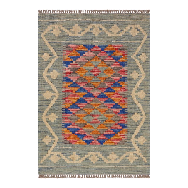 Boho Chic Turkish Kilim Blue Beige Hand-Woven Wool Rug For Sale