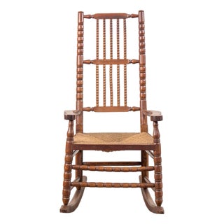Antique English Bobbin Rocking Chair With Rush Seat For Sale