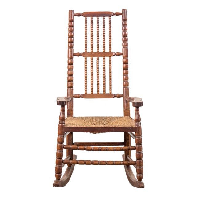 Antique English Bobbin Rocking Chair With Rush Seat For Sale