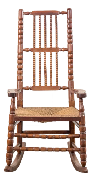 Antique English Bobbin Rocking Chair With Rush Seat