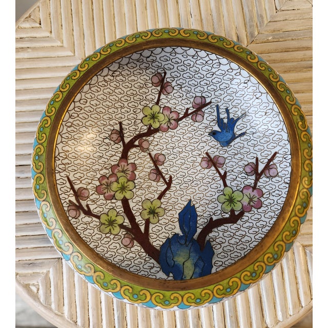 Vintage Chinese Cloisonne Enamel Bowl With Bluebird and Cherry Blossoms For Sale In New York - Image 6 of 9