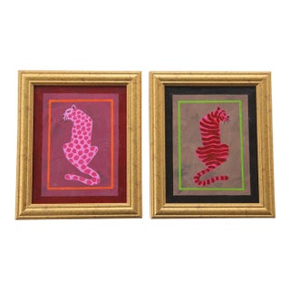 Cleo Plowden Tiger and Leopard Minimalism Folk Art Mauve Green Pink Original Oil Paintings - Set of 2 For Sale