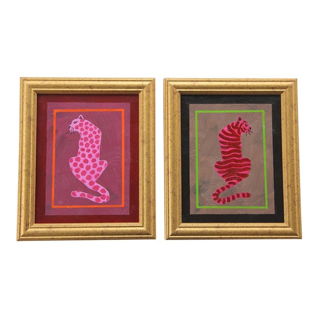Cleo Plowden Tiger and Leopard Minimalism Folk Art Mauve Green Pink Original Oil Paintings - Set of 2 For Sale