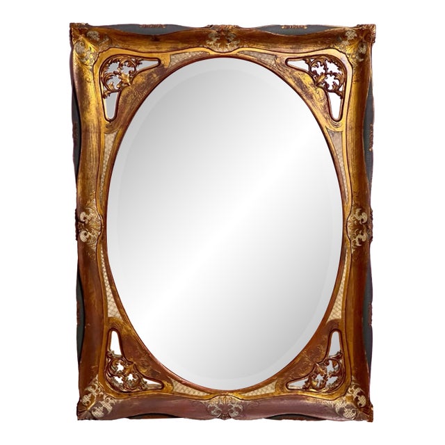 Italian Baroque Carved Giltwood and Paint Decorated Beveled Rectangular Mirror, 1920s For Sale