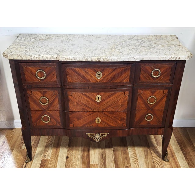 French 19th C French Louis XV Inlaid & Bronze Mounted Sienna Marble Top Commode Chest For Sale - Image 3 of 16