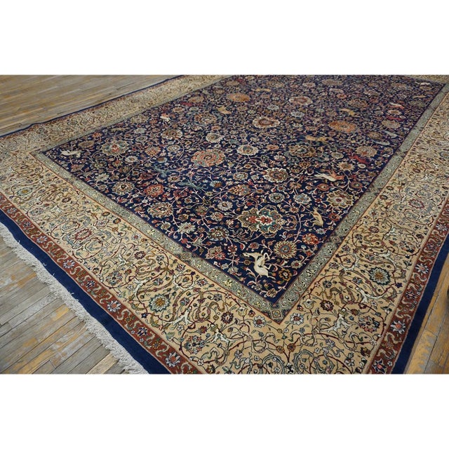 1940s Mid 20th Century Blue Navy Antique Hunting Handknotted Wool Carpet Rug For Sale - Image 9 of 9