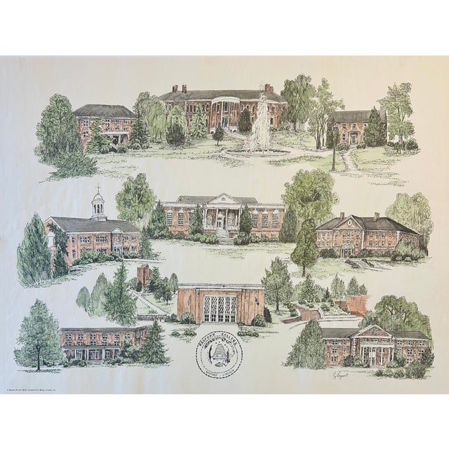 A charming late 20th-century hand-colored architectural print by artist Liz Bryant, depicting a collection of notable...