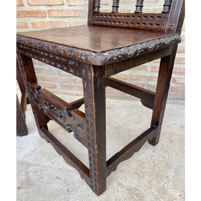 Set of Early 20th Century Spanish Carved Chairs with Wood Seat, 1890s For Sale - Image 12 of 15