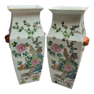 Pair of Chinese Porcelain Celadon Square Vases With Chickens and Roosters