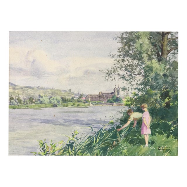 Paul Grégoire, On the banks of the Moselle, Prémontrés Abbey, Watercolor For Sale