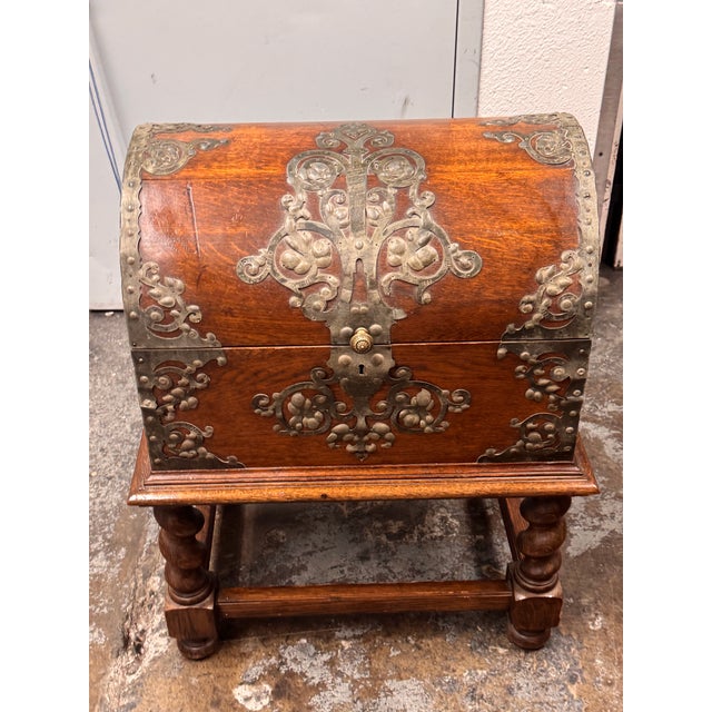 Brown Spanish Baroque Dome Top Trunk + Stand, Antique For Sale - Image 8 of 12