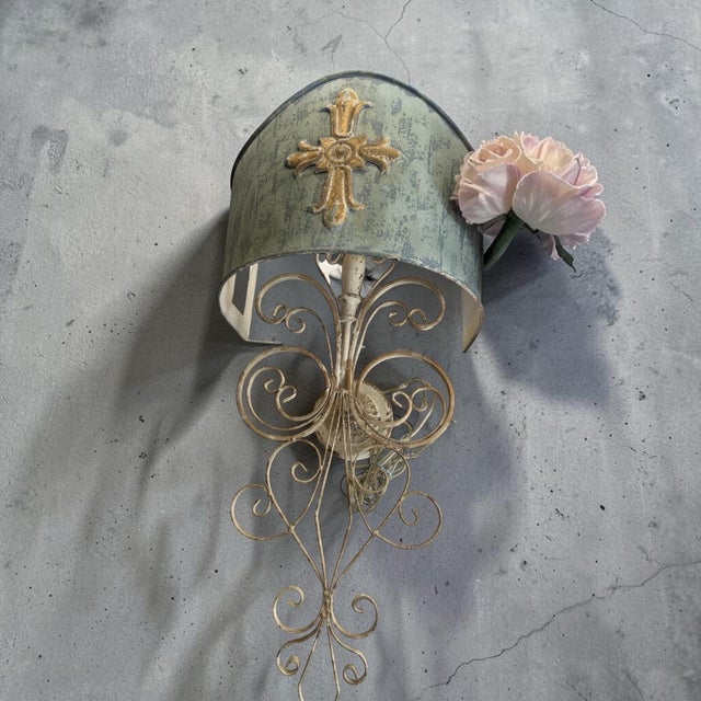 Unique wall lamp. Sconce style is in two pieces- base and shade both made out of metal. Rare find.