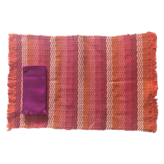 Offered are 6 multi-colored loom-woven cotton placemats with fuchsia napkins made in Guatemala. Done in bold shades of...