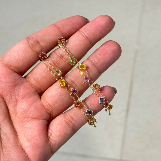 Modern Rainbow Cascade Multicolor Gemstone Drop Earrings by VRJewels in 14k Solid Gold- A Pair For Sale - Image 3 of 16