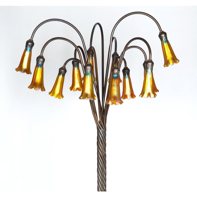 Art Nouveau Tiffany Style Bronze Twelve-Light Floor Lamp With Charles Lotton Art Glass Shade For Sale - Image 3 of 11