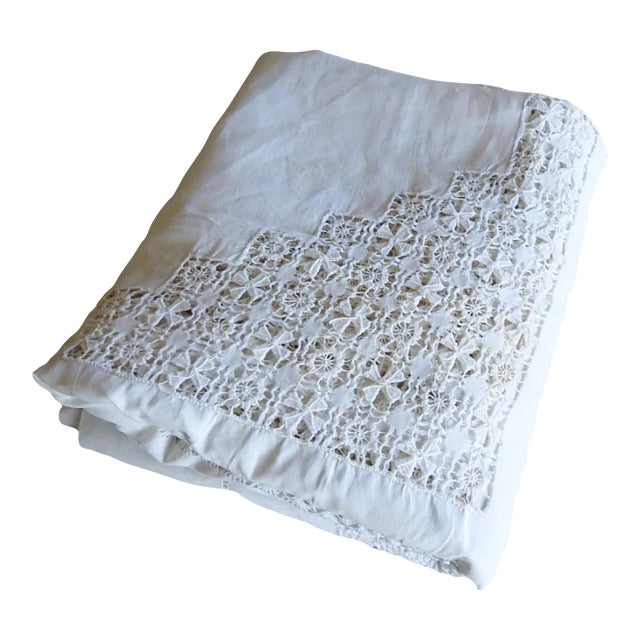 Antique White Linen Openwork Luncheon Tablecloth For Sale