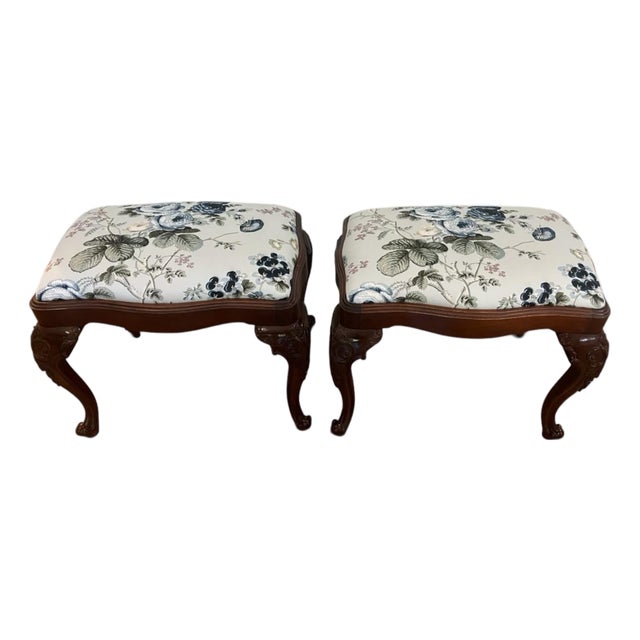 Pair of Vintage Louis XV Style Carved Wood Stools in Schumacher Salisbury Chintz For Sale